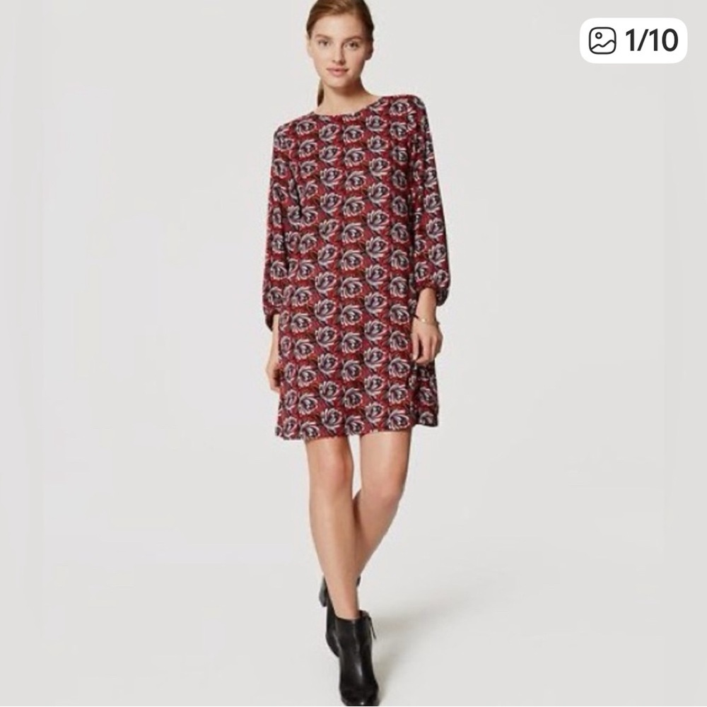 LOFT Shadow Floral Long Sleeve Shift Dress